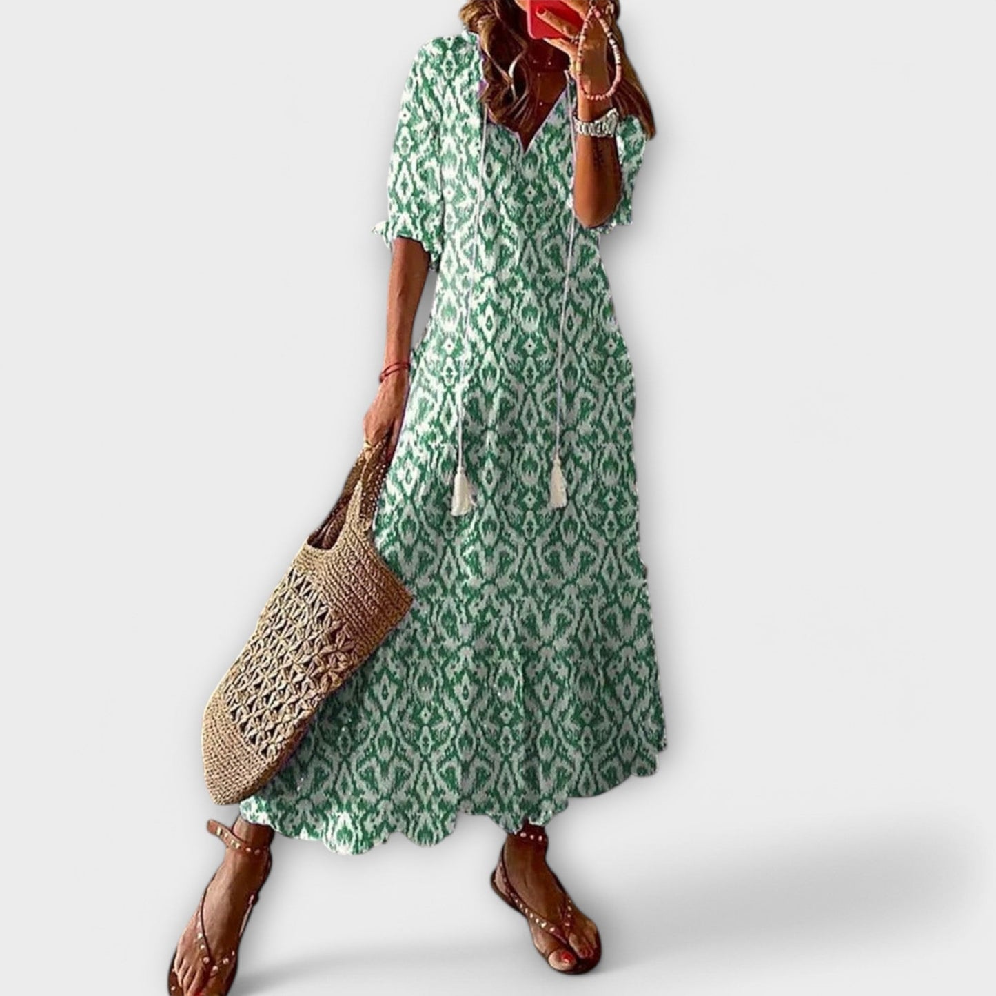 Effortless Printed Maxi Dress for Women with V Neck Short Sleeve Tassel Tie Tiered Flowing Boho Style
