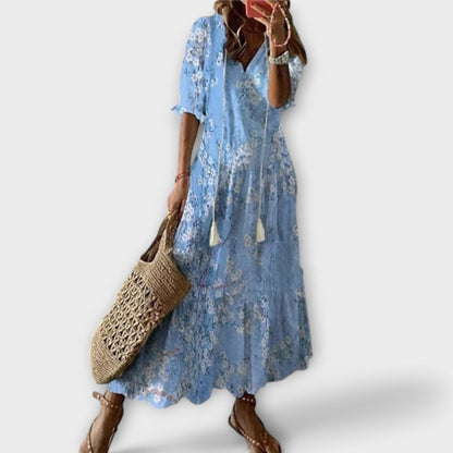 Effortless Printed Maxi Dress for Women with V Neck Short Sleeve Tassel Tie Tiered Flowing Boho Style