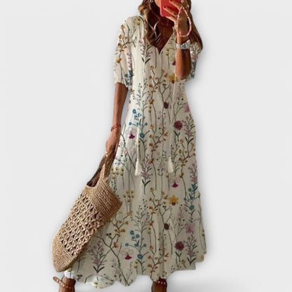 Effortless Printed Maxi Dress for Women with V Neck Short Sleeve Tassel Tie Tiered Flowing Boho Style