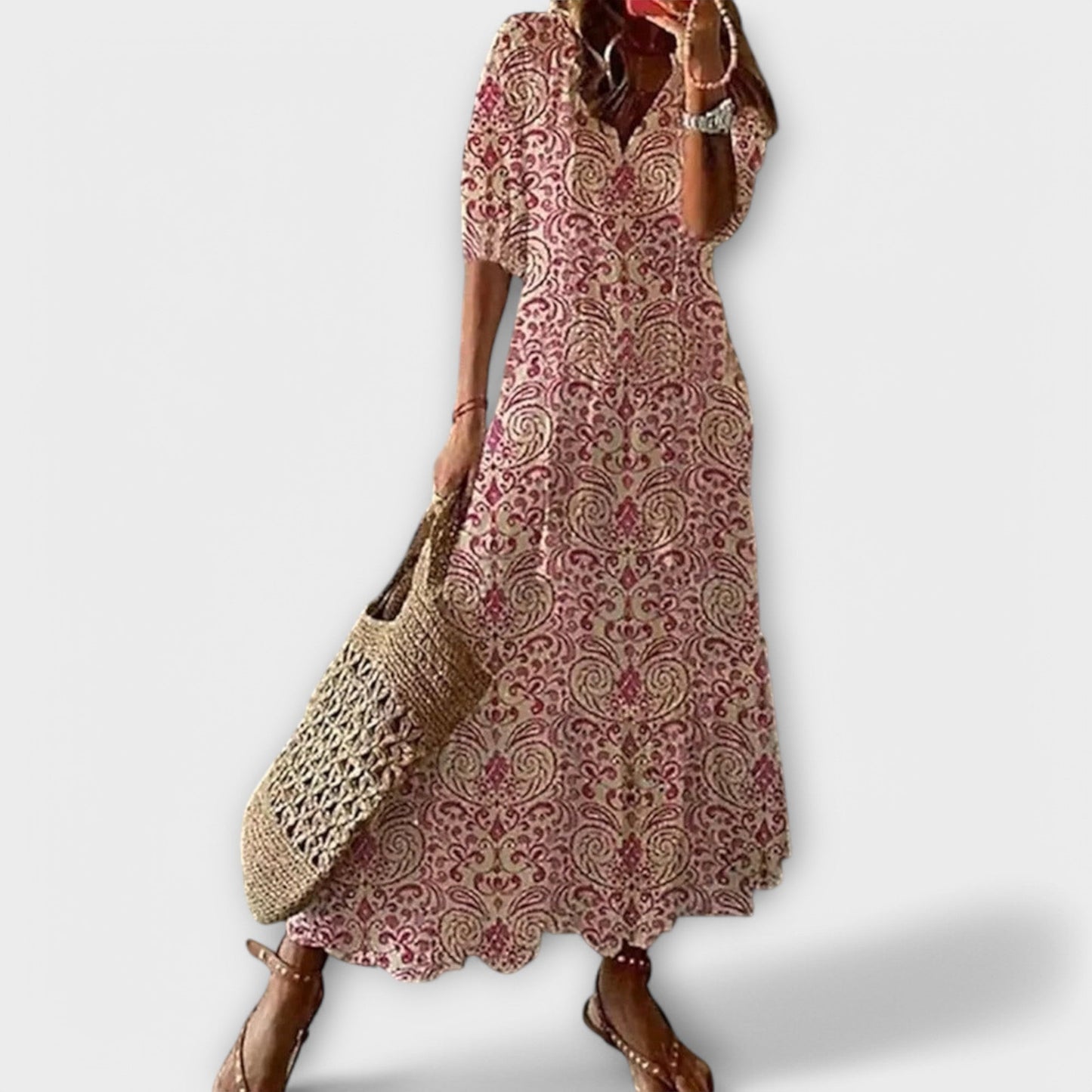 Effortless Printed Maxi Dress for Women with V Neck Short Sleeve Tassel Tie Tiered Flowing Boho Style