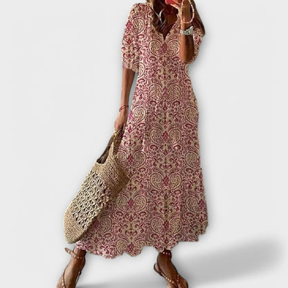 Effortless Printed Maxi Dress for Women with V Neck Short Sleeve Tassel Tie Tiered Flowing Boho Style