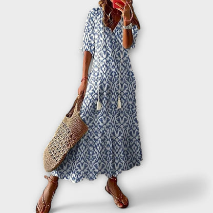 Effortless Printed Maxi Dress for Women with V Neck Short Sleeve Tassel Tie Tiered Flowing Boho Style