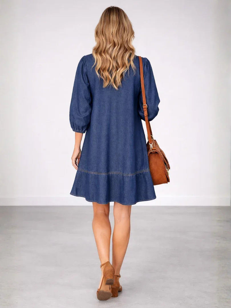 Effortless Denim Dress for Women with V Neck Long Sleeve Mini Ruffle Hem Casual Style