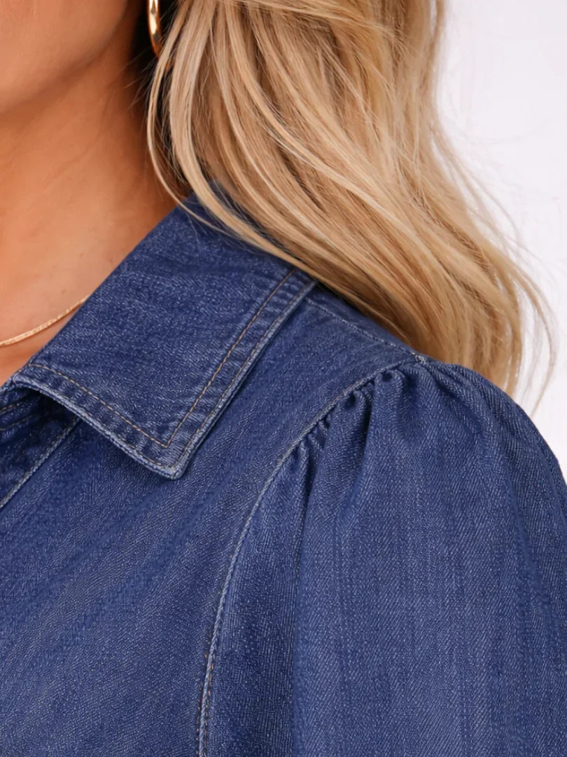Effortless Denim Dress for Women with V Neck Long Sleeve Mini Ruffle Hem Casual Style