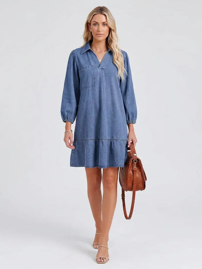 Effortless Denim Dress for Women with V Neck Long Sleeve Mini Ruffle Hem Casual Style