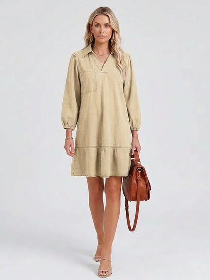 Effortless Denim Dress for Women with V Neck Long Sleeve Mini Ruffle Hem Casual Style