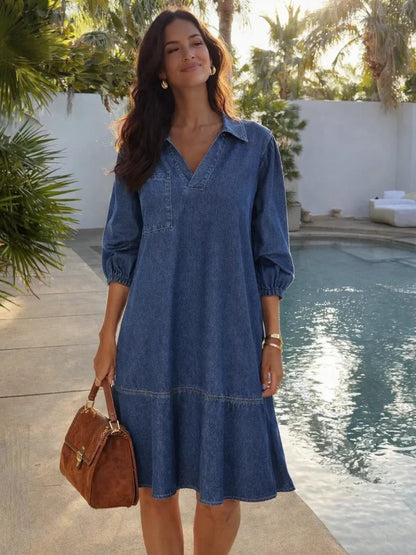 Effortless Denim Dress for Women with V Neck Long Sleeve Mini Ruffle Hem Casual Style