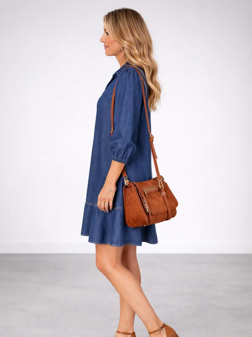 Effortless Denim Dress for Women with V Neck Long Sleeve Mini Ruffle Hem Casual Style