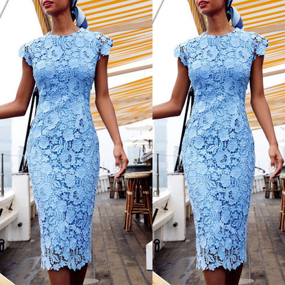 Elegant Light Blue Lace Midi Dress for Women with Round Neck Cap Sleeve Bodycon Formal Wedding Guest Style