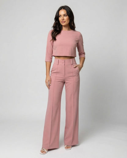 Stylish Two Piece Set for Women with Crop Top Elbow Sleeve High Waist Wide Leg Pants Casual Elegant Style