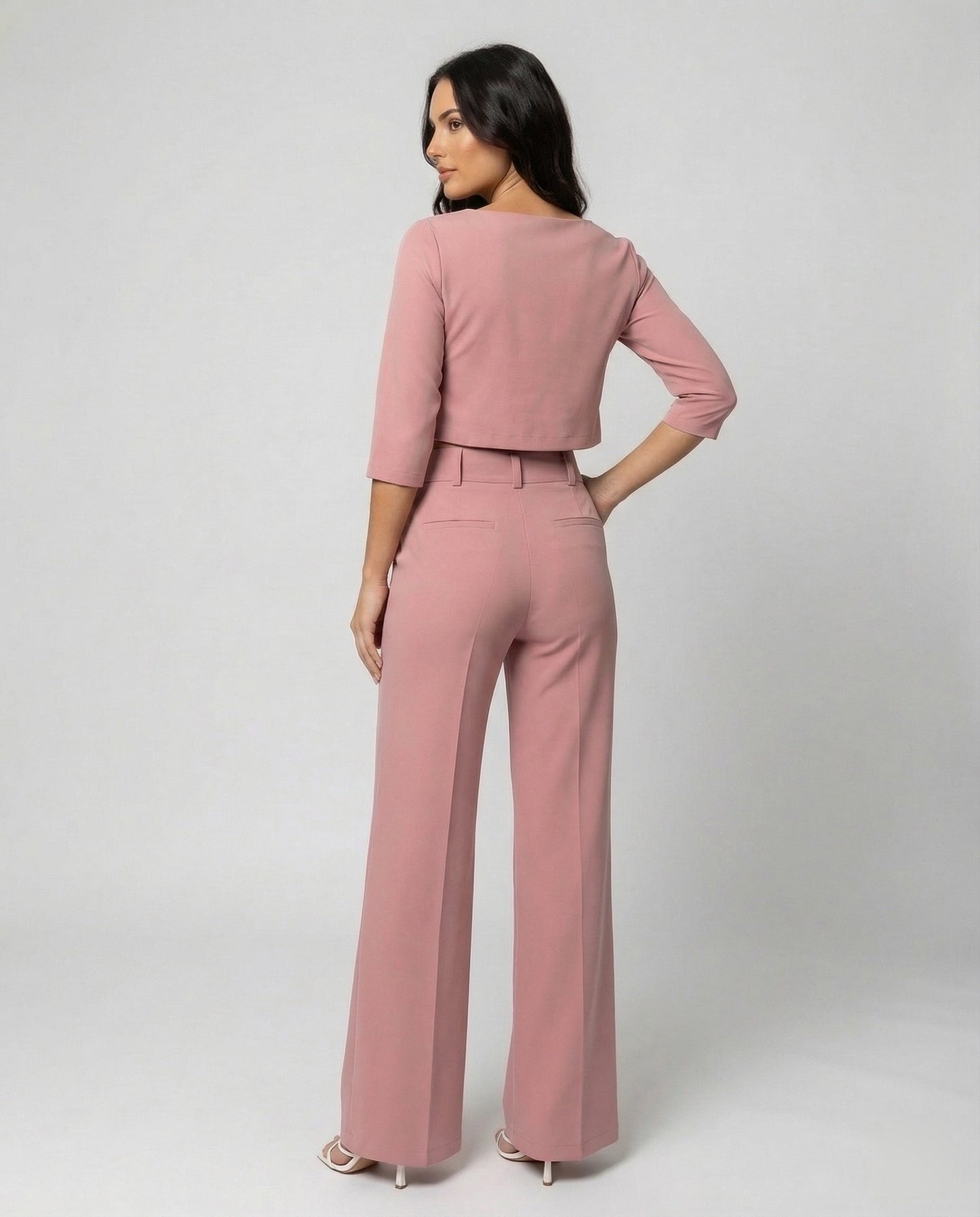 Stylish Two Piece Set for Women with Crop Top Elbow Sleeve High Waist Wide Leg Pants Casual Elegant Style