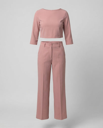 Stylish Two Piece Set for Women with Crop Top Elbow Sleeve High Waist Wide Leg Pants Casual Elegant Style