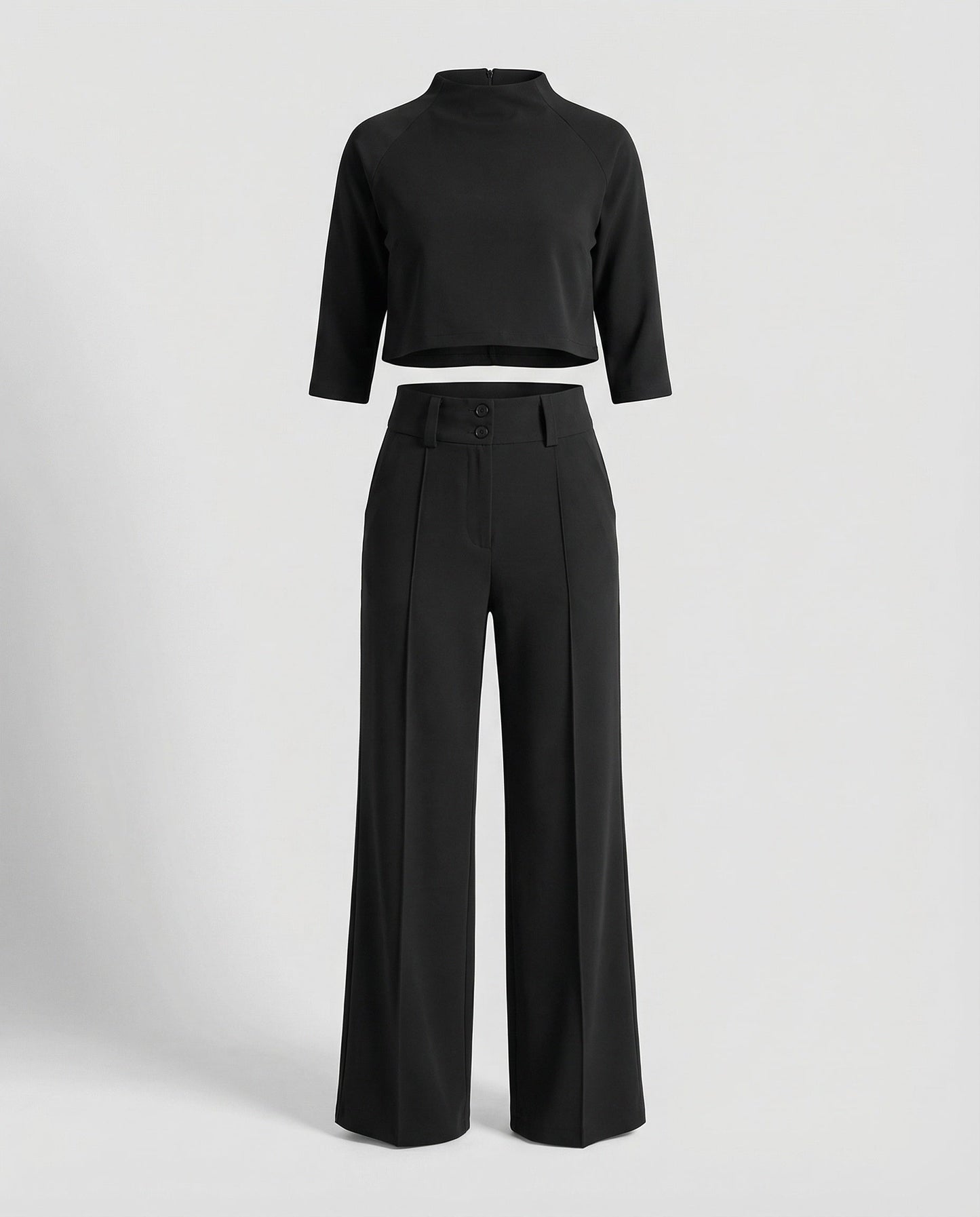Stylish Two Piece Set for Women with Crop Top Elbow Sleeve High Waist Wide Leg Pants Casual Elegant Style