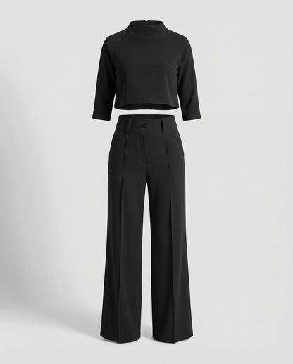Stylish Two Piece Set for Women with Crop Top Elbow Sleeve High Waist Wide Leg Pants Casual Elegant Style