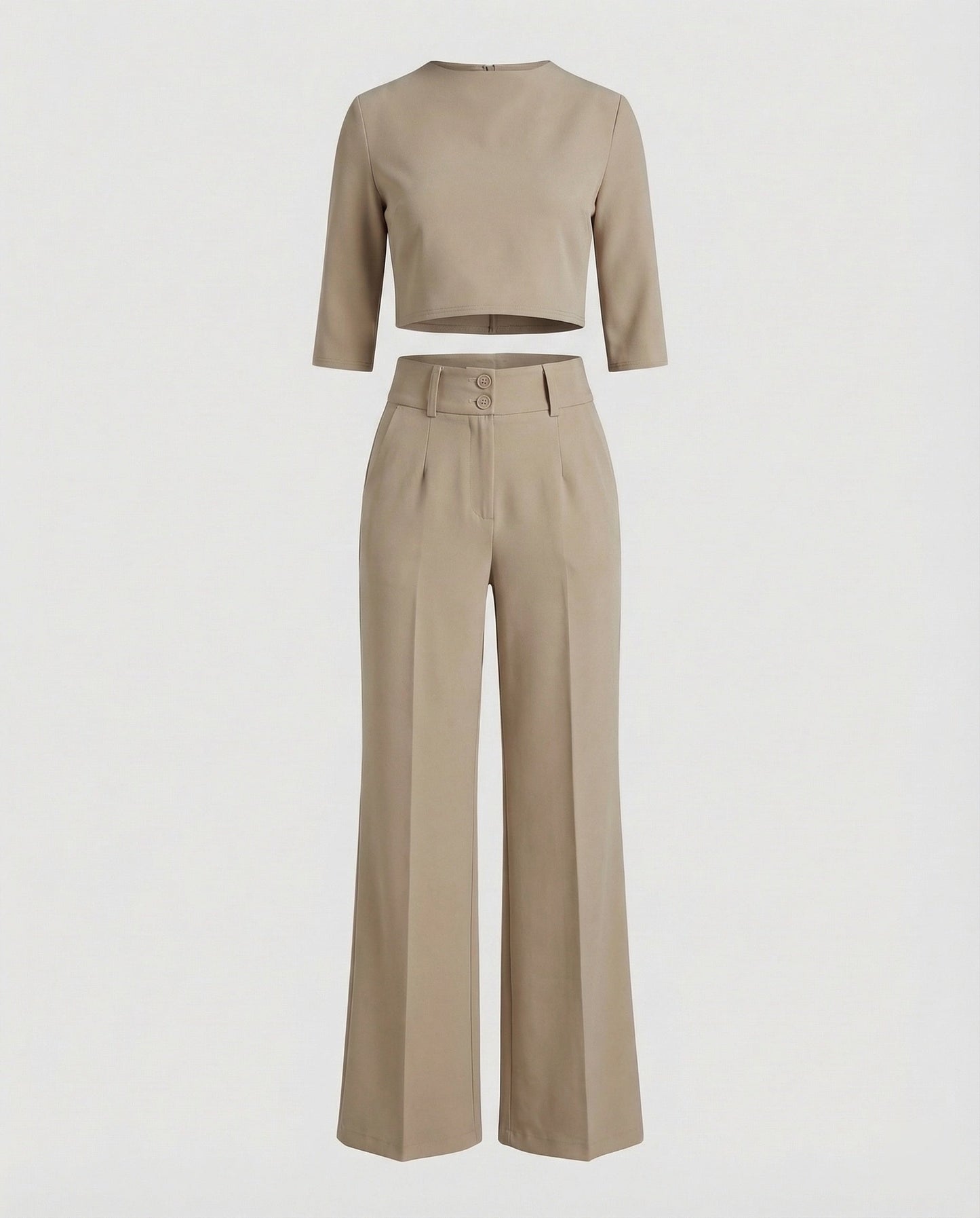 Stylish Two Piece Set for Women with Crop Top Elbow Sleeve High Waist Wide Leg Pants Casual Elegant Style