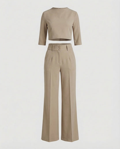 Stylish Two Piece Set for Women with Crop Top Elbow Sleeve High Waist Wide Leg Pants Casual Elegant Style