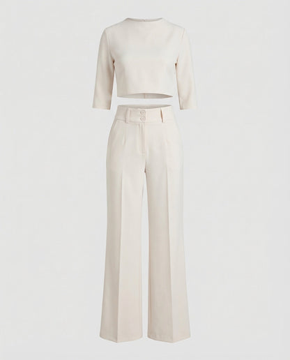 Stylish Two Piece Set for Women with Crop Top Elbow Sleeve High Waist Wide Leg Pants Casual Elegant Style