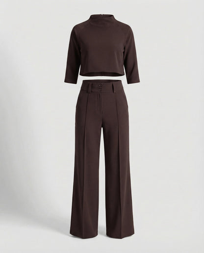 Stylish Two Piece Set for Women with Crop Top Elbow Sleeve High Waist Wide Leg Pants Casual Elegant Style
