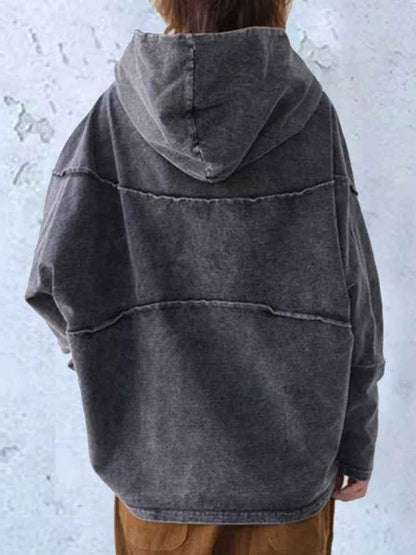 Comfortable Dark Gray Washed Hoodie for Women with Asymmetric Cowl Neck Long Sleeve Oversized Style