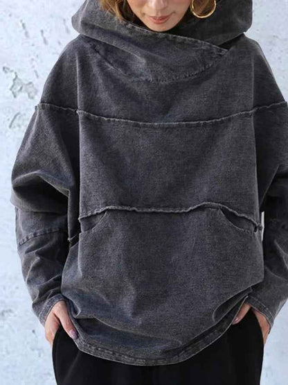 Comfortable Dark Gray Washed Hoodie for Women with Asymmetric Cowl Neck Long Sleeve Oversized Style