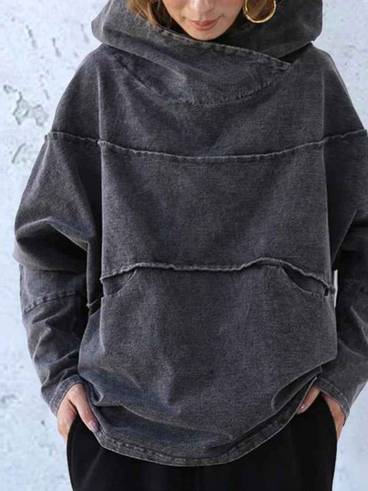Comfortable Dark Gray Washed Hoodie for Women with Asymmetric Cowl Neck Long Sleeve Oversized Style