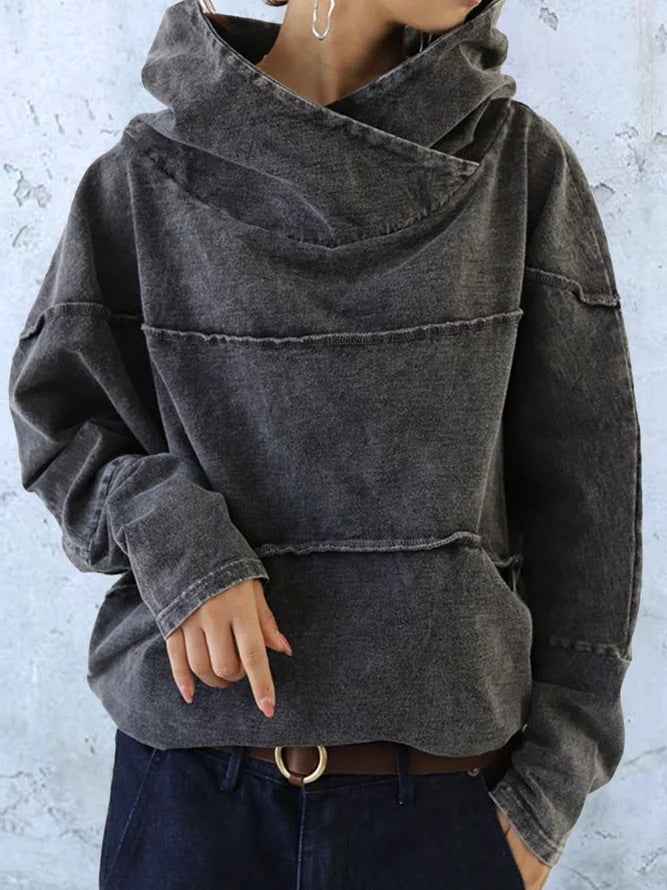 Comfortable Dark Gray Washed Hoodie for Women with Asymmetric Cowl Neck Long Sleeve Oversized Style