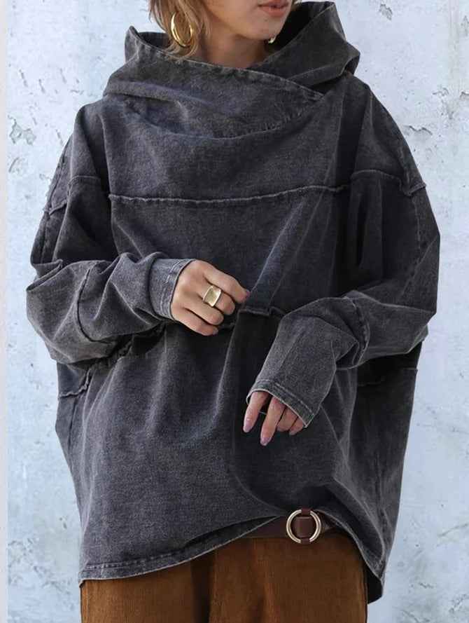 Comfortable Dark Gray Washed Hoodie for Women with Asymmetric Cowl Neck Long Sleeve Oversized Style
