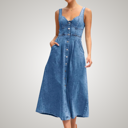 Effortless Denim Dress for Women with Sweetheart Neckline Sleeveless Button Front A Line Casual Style