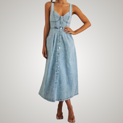 Effortless Denim Dress for Women with Sweetheart Neckline Sleeveless Button Front A Line Casual Style
