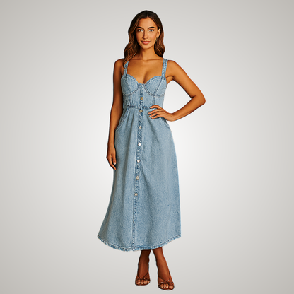 Effortless Denim Dress for Women with Sweetheart Neckline Sleeveless Button Front A Line Casual Style