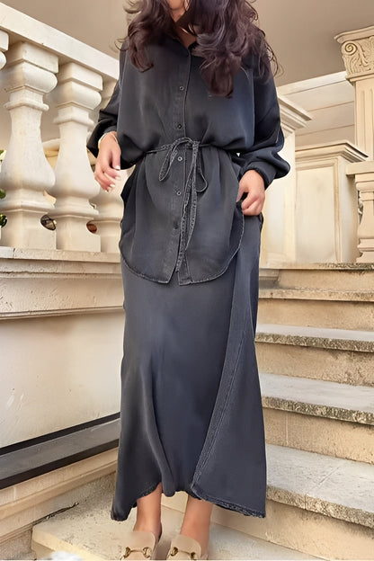 Effortless Long Sleeve Shirt and Skirt Set for Women with Drawstring Waist