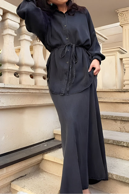 Effortless Long Sleeve Shirt and Skirt Set for Women with Drawstring Waist
