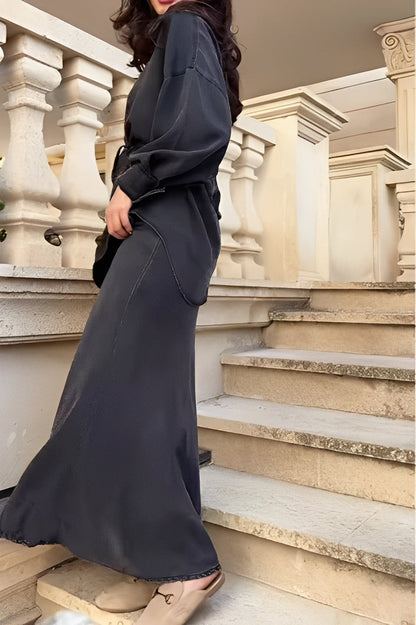 Effortless Long Sleeve Shirt and Skirt Set for Women with Drawstring Waist