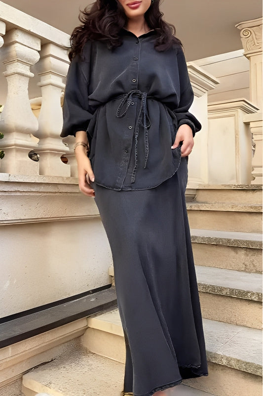 Effortless Long Sleeve Shirt and Skirt Set for Women with Drawstring Waist