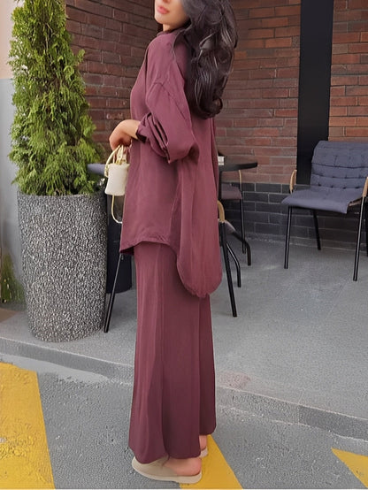 Effortless Long Sleeve Shirt and Skirt Set for Women with Drawstring Waist