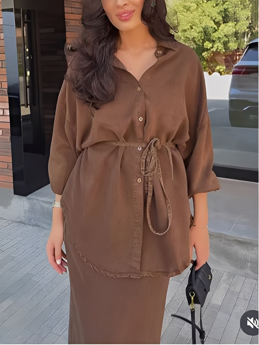 Effortless Long Sleeve Shirt and Skirt Set for Women with Drawstring Waist