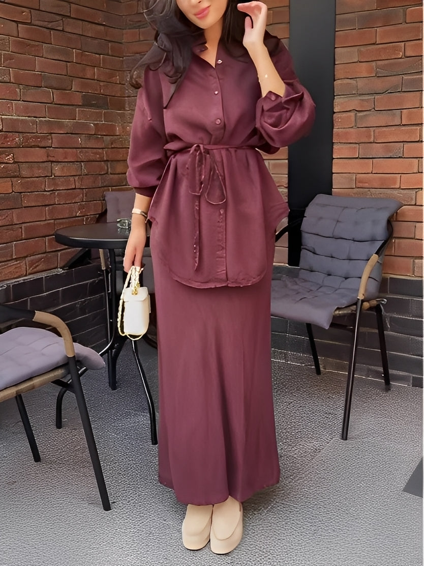 Effortless Long Sleeve Shirt and Skirt Set for Women with Drawstring Waist