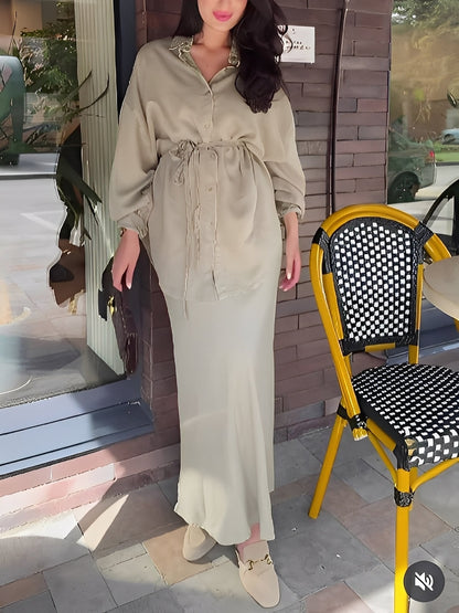 Effortless Long Sleeve Shirt and Skirt Set for Women with Drawstring Waist