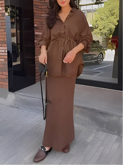 Effortless Long Sleeve Shirt and Skirt Set for Women with Drawstring Waist