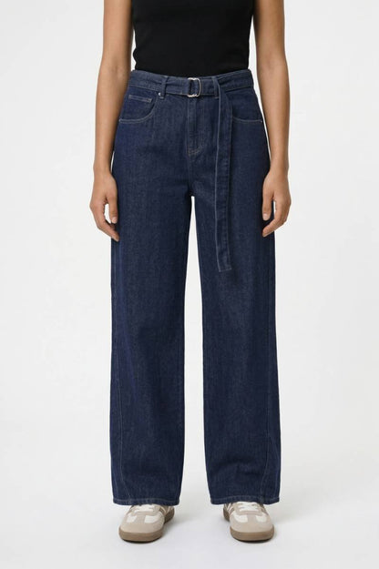 Effortless Dark Blue Wide Leg Jeans for Women with High Waist Belted Casual Style