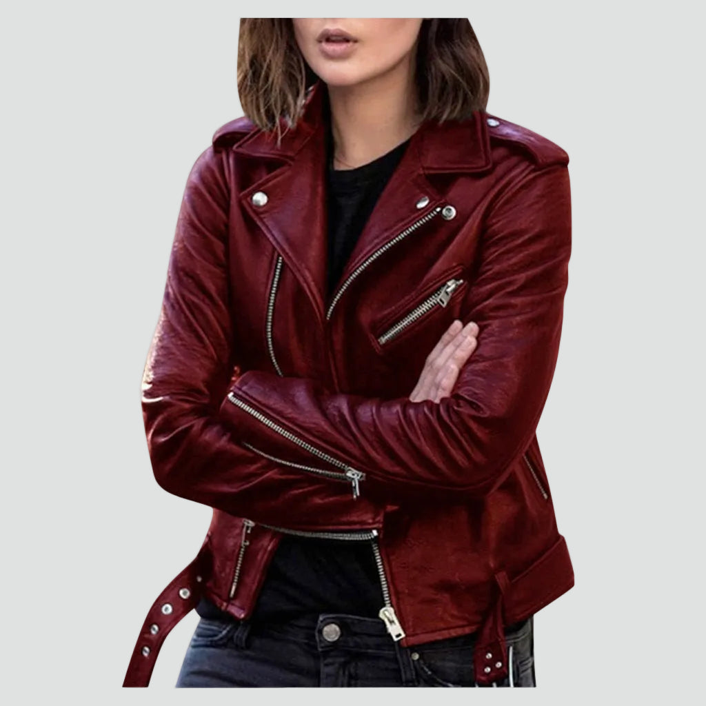 Chic Leather Jacket for Women with Notched Lapel Long Sleeve Asymmetric Zip Moto Biker Style