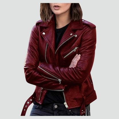 Chic Leather Jacket for Women with Notched Lapel Long Sleeve Asymmetric Zip Moto Biker Style