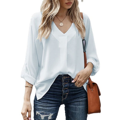 Effortless Blouses for Women with V-Neck Long Sleeve Loose Fit Solid Casual Everyday Style