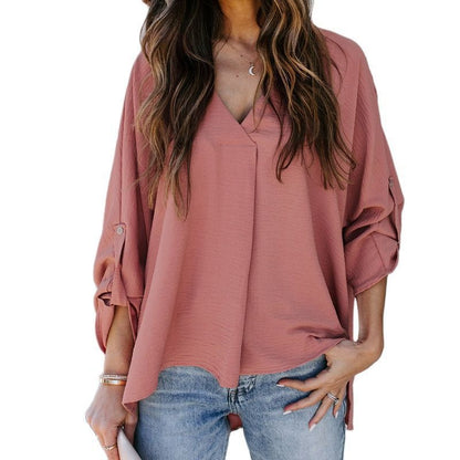 Effortless Blouses for Women with V-Neck Long Sleeve Loose Fit Solid Casual Everyday Style