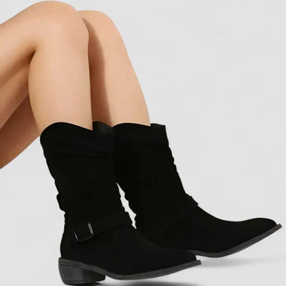Effortless Wide Calf Boots for Women with Slouchy Suede Side Zip Block Heel Mid Calf Style