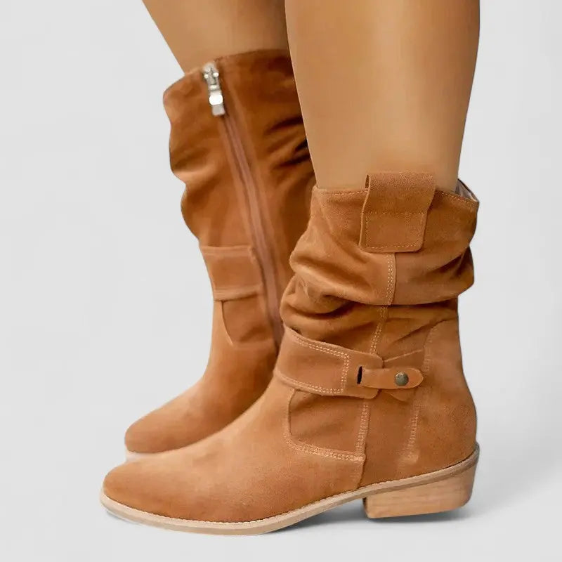 Effortless Wide Calf Boots for Women with Slouchy Suede Side Zip Block Heel Mid Calf Style
