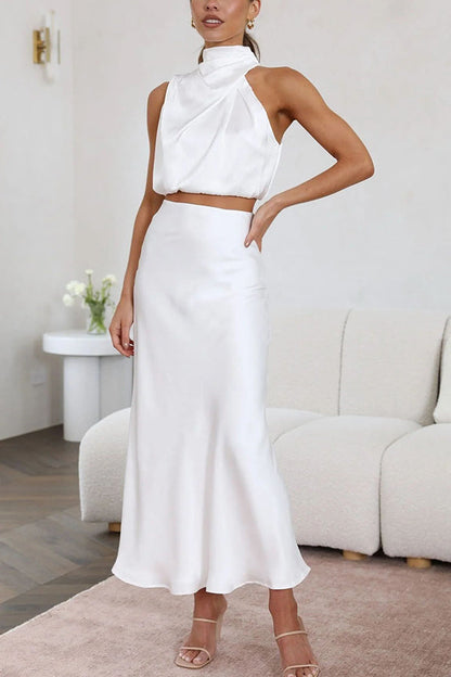 Elegant Satin Two Piece Set for Women with Halter Crop Top Maxi Skirt Wedding Guest Style