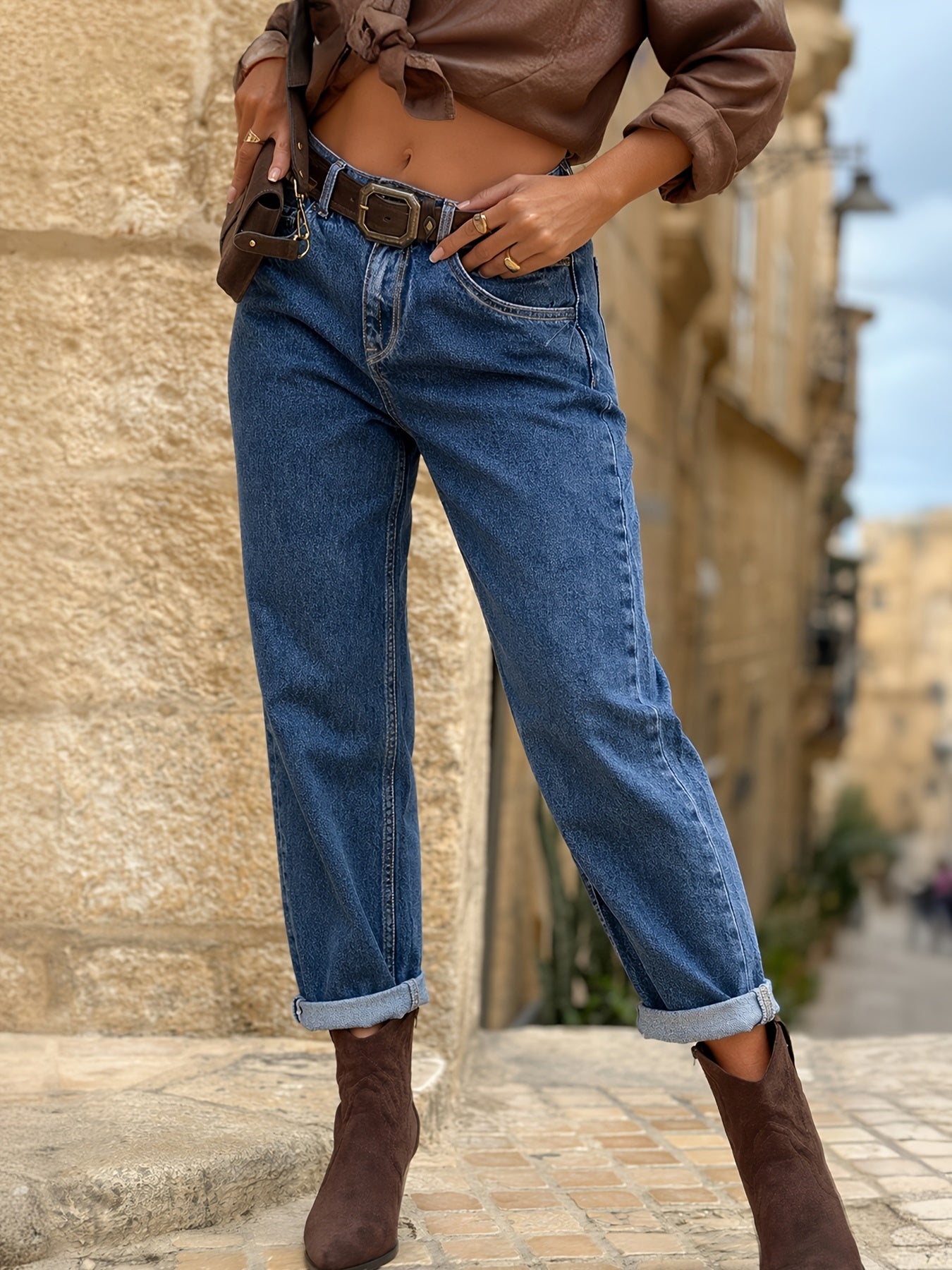 Effortless Deep Blue Relaxed Mom Jeans for Women with High Waist Cuffed Straight Leg