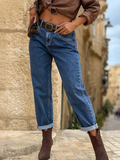 Effortless Deep Blue Relaxed Mom Jeans for Women with High Waist Cuffed Straight Leg