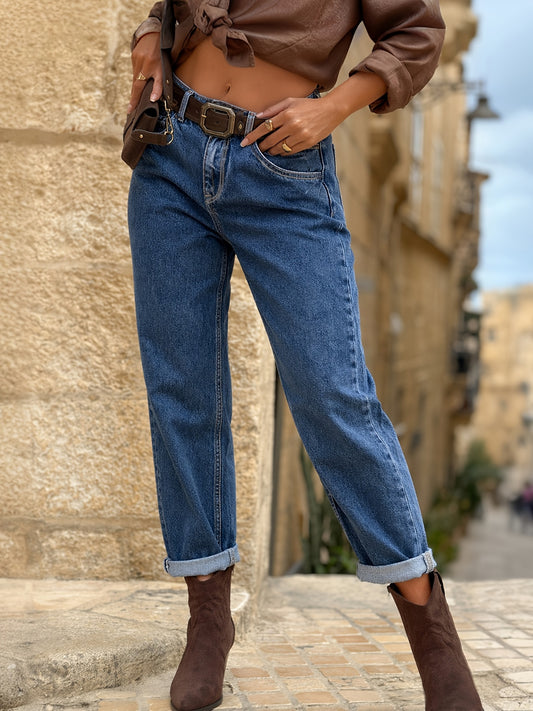 Effortless Deep Blue Relaxed Mom Jeans for Women with High Waist Cuffed Straight Leg